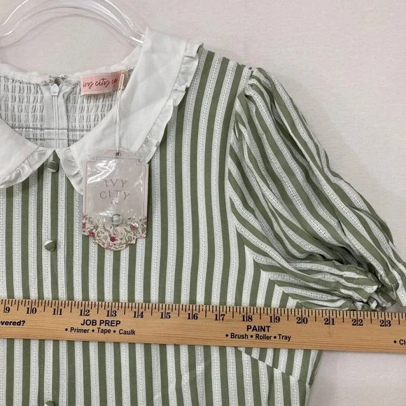 New Ivy City Kensie Dress XL Green Striped Peter Pan Collar Cottagecore Maxi - Picture 7 of 12